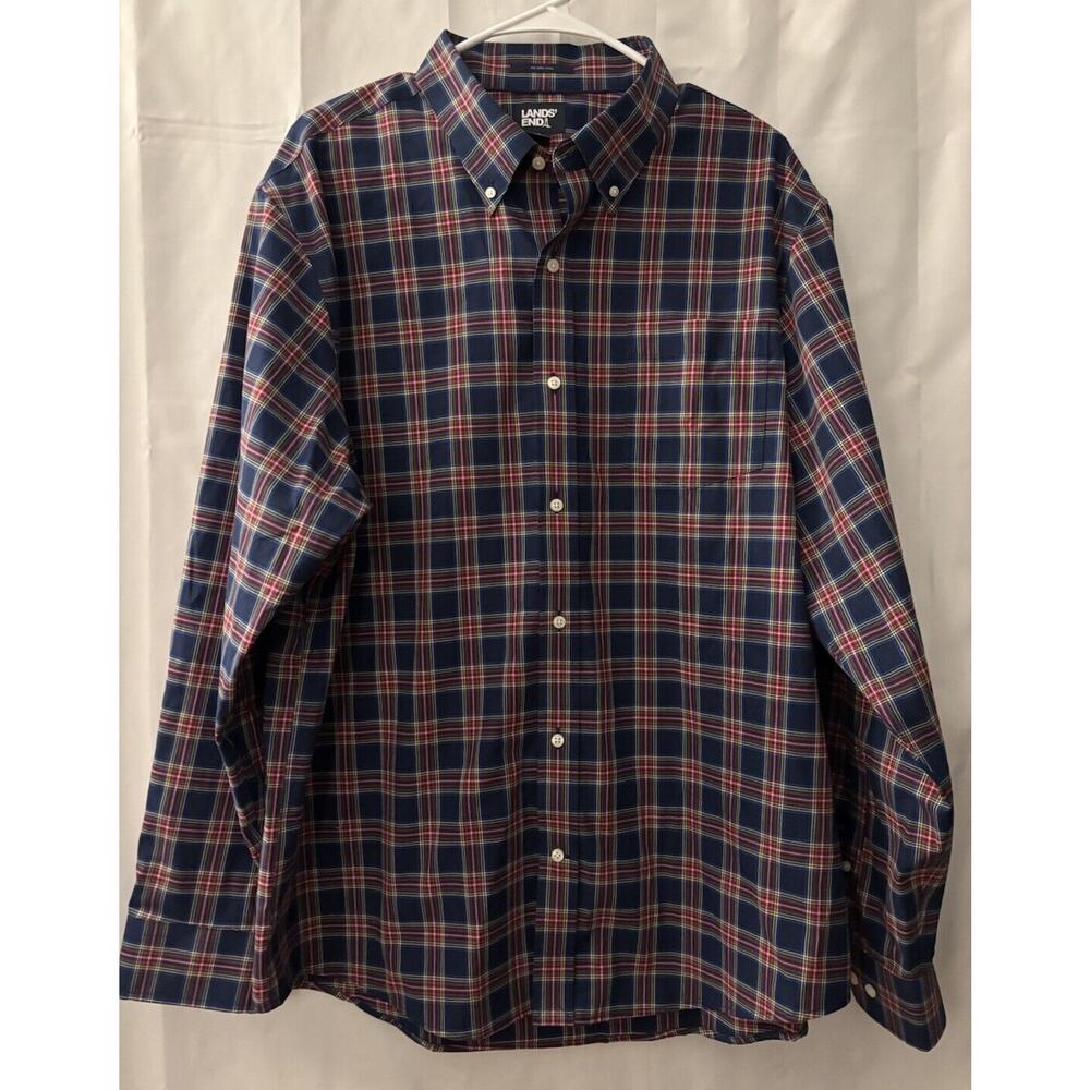 Lands' End XL Cotton Twill Button Down‎ Shirt Red Blue Plaid Long Sleeve EUC